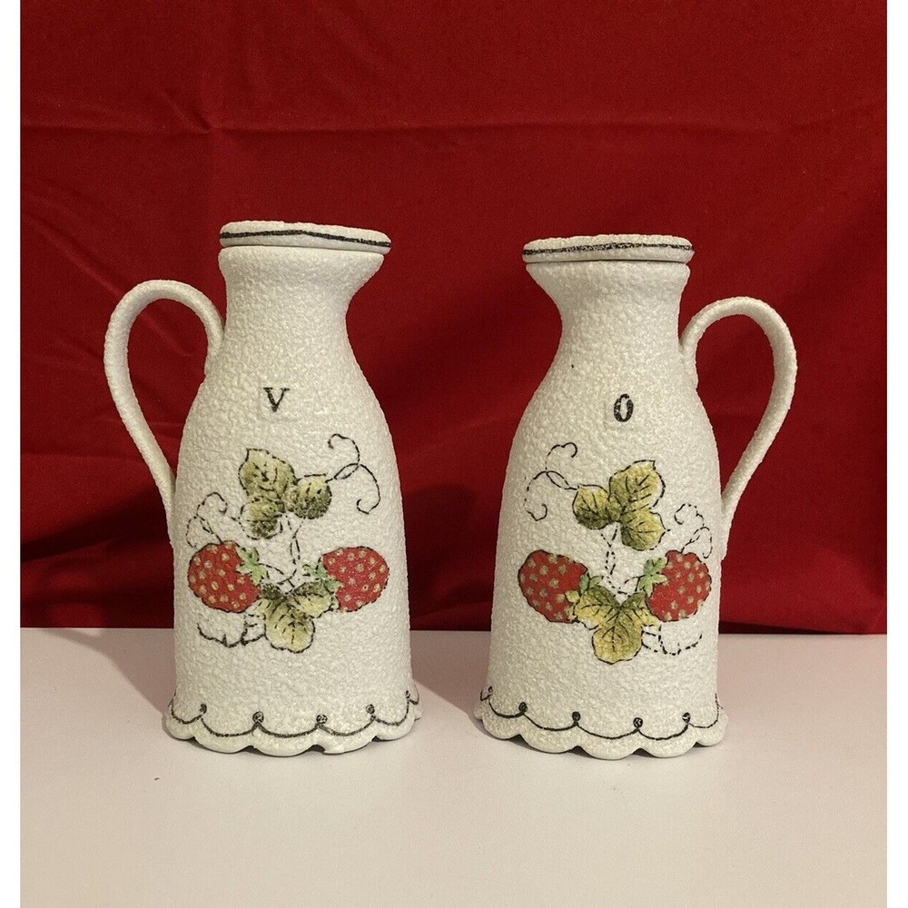 Textured Finish Ceramic Oil & Vinegar Cruet Set Strawberry Motif Vtg White MCM